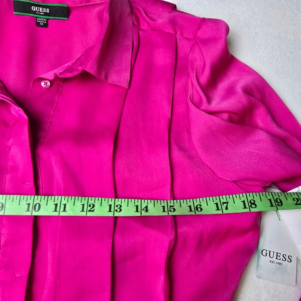 GUESS NWT Hope Dress Shocking Pink Satin Logo Print Belted Ruffle Shirt Dress M - Picture 11 of 14